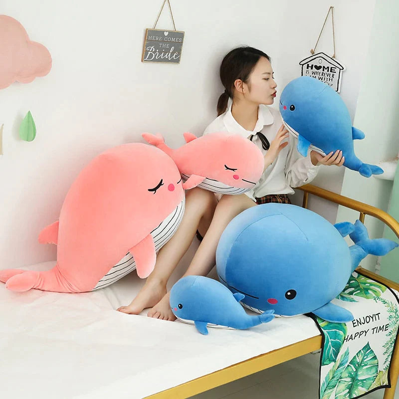 Cheerful Kawaii Chonky Plumpy Pink Blue Whale Stuffed Animals Plushies